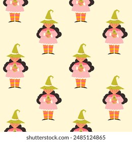 Cute witch with potion seamless pattern. Childrens cute background