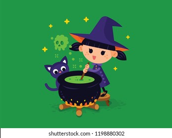 Cute Witch prepare a potion with her kitty. Halloween children witch. 100% vector layered.