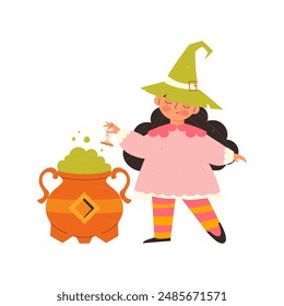 Cute witch preparing a potion. Childrens magic elements