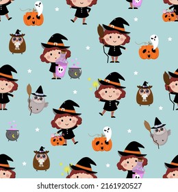cute witch, pumpkin, ghost and owl seamless pattern. Halloween cartoon character background.
