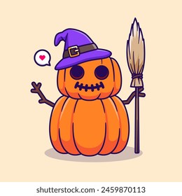 Cute Witch Pumpkin Halloween With Broom Cartoon Vector Icon Illustration. Food Holiday Icon Concept Isolated Premium Vector. Flat Cartoon Style