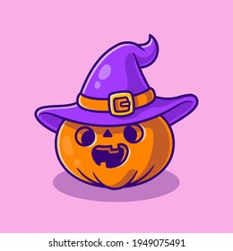 Cute Witch Pumpkin Halloween Cartoon Vector Icon Illustration. Halloween Object Icon Concept Isolated Premium Vector. Flat Cartoon Style