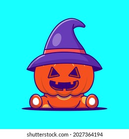 Cute Witch pumpkin halloween Cartoon Illustration. Halloween Flat cartoon Style Concept
