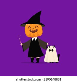 Cute witch with pumpkin head and little cat wearing white robe.Vector illustration