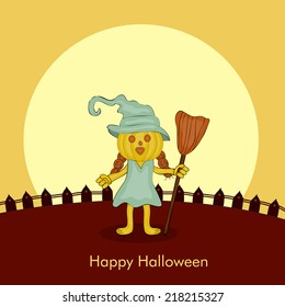 Cute witch in pumpkin mask holding broom on brown and yellow background for Happy Halloween party celebrations. 