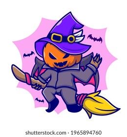 Cute Witch Pumpkin Riding Magic Broom Cartoon Vector Icon Illustration. Halloween Holiday Icon Concept Isolated Premium Vector. Flat Cartoon Style