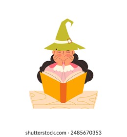 Cute witch reading a book. Childrens magic elements