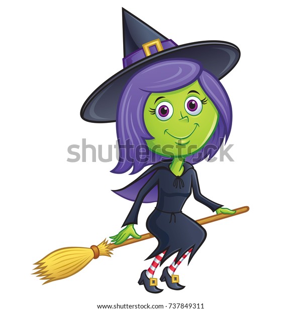 Cute Witch Riding Broom Stock Vector (Royalty Free) 737849311 ...