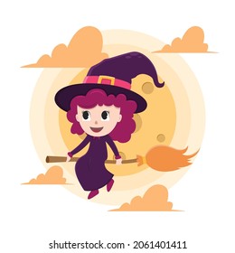 Cute witch riding broom on halloween time, cute witch halloween riding broom.