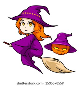 Cute Witch riding magic broom in playful cartoon style.