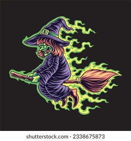 cute witch riding magic brooms illustration for tshirt design, logo, or stickers