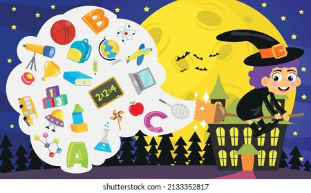 Cute witch and school objects