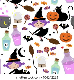 Cute witch seamless pattern and vector. Halloween holidays cartoon character background.