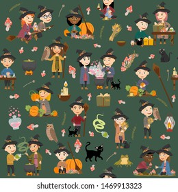 Cute witch seamless pattern. Witches and wizards gather mushrooms and herbs, brew potions, fly on a broomstick and make magic. Vector illustration
