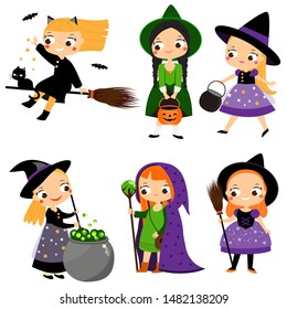 Cute witch set. Cartoon girls in wizard fairy costumes. Halloween characters. Vector illustration