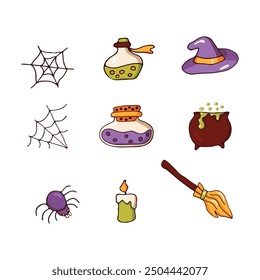 lindo conjunto de brujas para Halloween en estilo de dibujos animados. Web, sombrero, escoba, botellas, pociones aisladas sobre fondo blanco. Set para su diseño para Halloween. Ilustración vectorial.