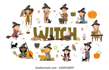 Cute witch set. Witches in black hats, dresses and cardigans gather mushrooms and herbs, brew potions, fly on a broomstick and make magic. Vector illustration