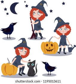 Cute witch set with witches with pumpkins,black cat and crown. Halloween elements in vector. Cartoon illustration