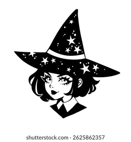 Cute witch with short hair and a pointed hat