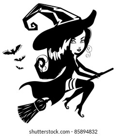 Cute Witch Silhouette An adorable witch in black and white. EPS 8 vector, grouped for easy editing.