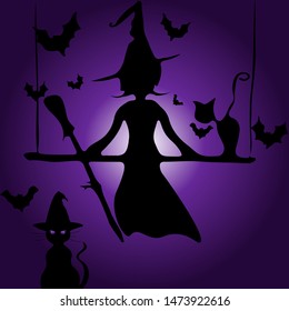 Cute witch silhouette, vector illustration, purple background