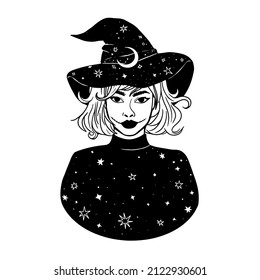 Silhouette de bruja linda con sombrero mágico y estrellas. Ilustración vectorial en estilo plano. Perfecto para tarjeta de Halloween, afiche, pegatina, decoración, tatuaje. Colores en blanco y negro