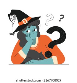 Cute Witch sitting with cat and Thinks. Halloween holiday. Womans Thinking, problem solving, finding solution, critical Thinking, decision making.  Flat vector illustration.