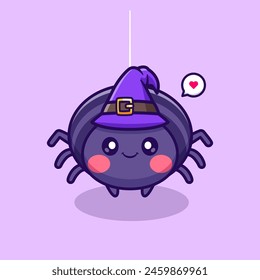 Cute Witch Spider Cartoon Vector Icon Illustration. Animal Holiday Icon Concept Isolated Premium Vector. Flat Cartoon Style