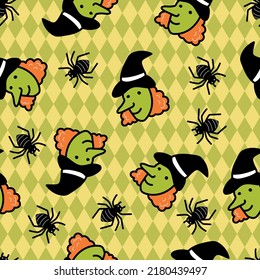 Cute witch and spider Halloween cartoon doodle pattern seamless