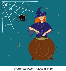 Una bruja y una araña adorables en Halloween. Una joven bruja de dibujos animados que prepara una poción verde en un caldero y hace magia mientras una araña cuelga en una web. Ilustración vectorial. Cartel, afiche, postal.