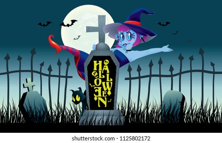 A cute witch stand behind a gravestone. With spooky background.