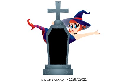 A cute witch stand behind a gravestone. Isolated.