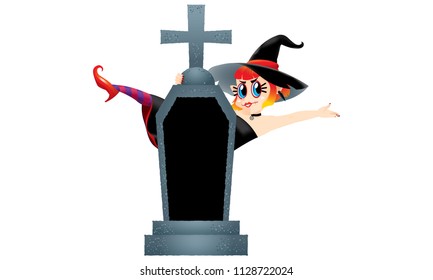 A cute witch stand behind a gravestone. Isolated.