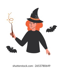 Cute witch surrounded by bats holds a magic wand in her hand.