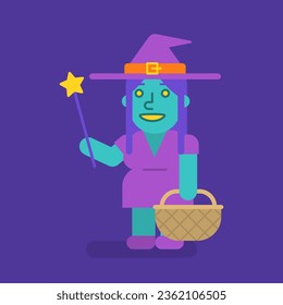 Cute witch three quarters holding basket and magic wand. Vector Illustration