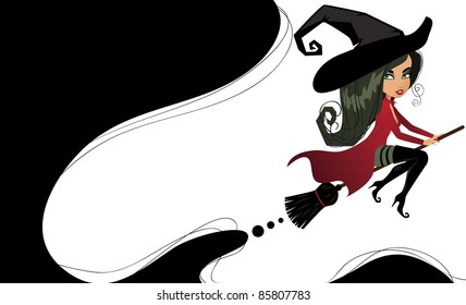 Cute witch with a trail of smoke An adorable witch leaves a trail of smoke behind. EPS 8 vector, no open shapes, strokes or transparencies, grouped for easy editing.