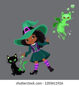 Cute witch turns a black cat into a dragon.