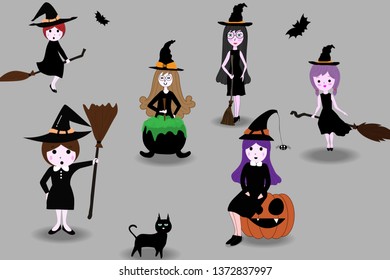 cute witch vector set, Halloween vector.
