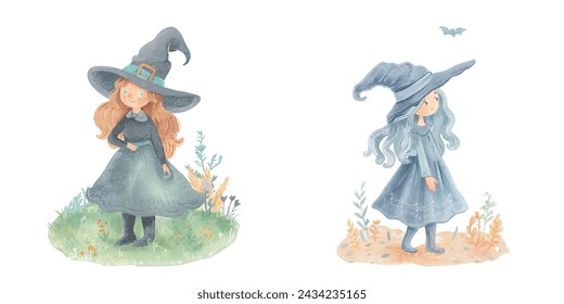 cute witch watercolour vector illustration 
