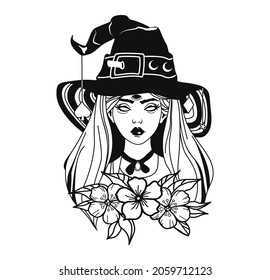 Cute witch wearing hat with flowers. Vector illustration.