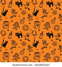 Cute Witchcraft Halloween Seamless Pattern on Orange Background for Halloween-themed packaging, textile designs, digital scrapbooking, party invites, wrapping paper, and seasonal decorations.