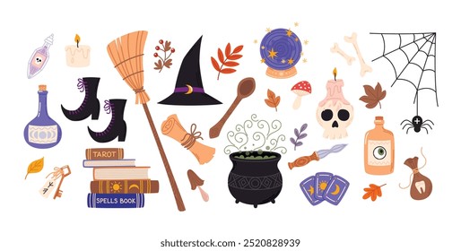 Linda brujería y conjunto de Elementos mágicos. Colección de Ilustraciones vectoriales de Halloween aislada sobre fondo blanco