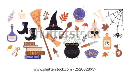 Cute witchcraft and magic elements set. Halloween vector illustrations collection isolated on white background