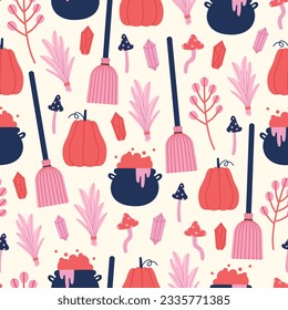 Cute witchcraft seamless pattern. Halloween, magic, occultism concept. Vector illustration