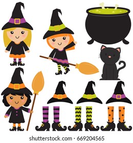 Cute Witches / Cauldron / Broomsticks In White Background