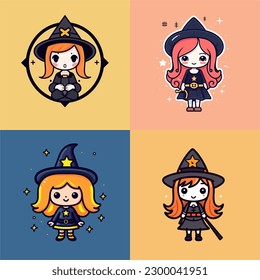 Cute witches chibi girls kawaii cartoon halloween illustration set collection