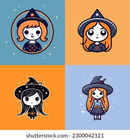 Cute witches chibi girls kawaii cartoon halloween illustration set collection
