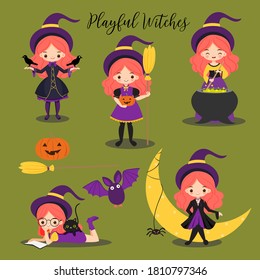 süße Hexen und Halloween-Elemente-Cartoon 