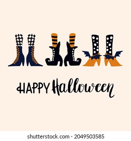 Cute witches legs and lettering. Halloween concept. Hand drawn illustration for your project. Minimal style.