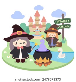 Cute Witches at Magic School. Kawaii Fantasy Illustration.Adorable Magic School Scene with Witches and Cauldron.Kawaii Witches Practicing Magic at Enchanted School.